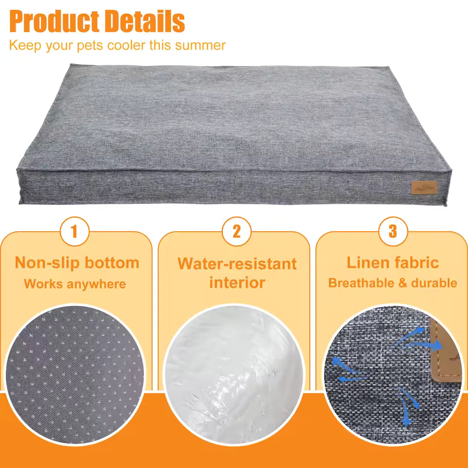 Gray rectangular dog bed features a non-slip bottom, water-resistant interior, and breathable linen fabric.
