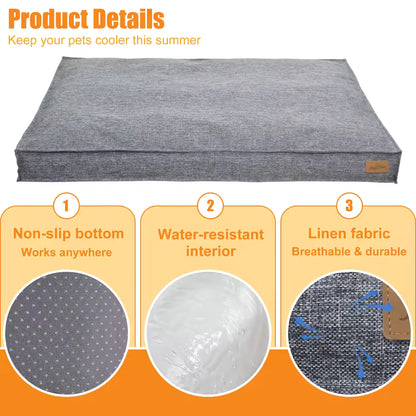 Gray rectangular dog bed features a non-slip bottom, water-resistant interior, and breathable linen fabric.