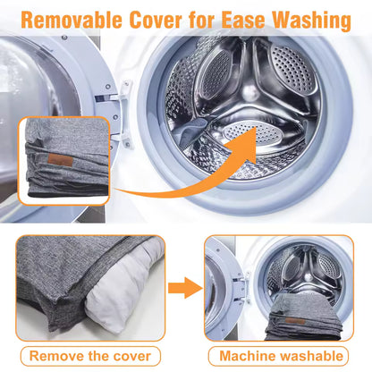 The removable gray dog bed cover is shown being taken off and placed into a washing machine.