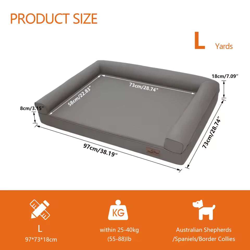 Grey large dog bed with dimensions, supporting pets up to 25–40kg, suitable for Australian Shepherds and Spaniels.