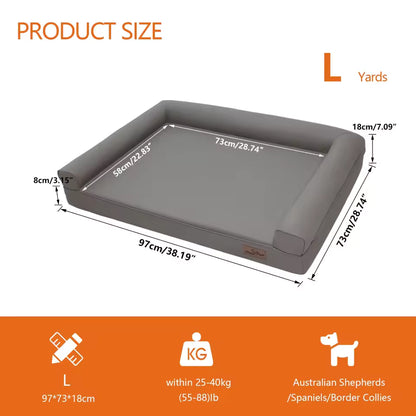 Grey large dog bed with dimensions, supporting pets up to 25–40kg, suitable for Australian Shepherds and Spaniels.