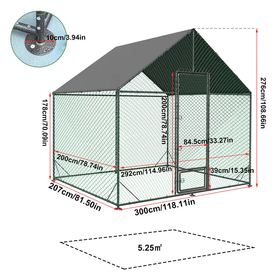 Technical diagram illustrating the dimensions and layout of the large metal chicken coop, including height, width, and base area measurements.