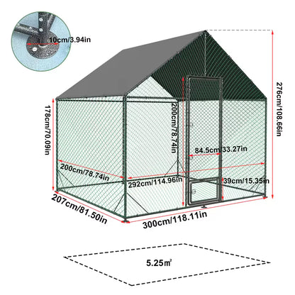 Technical diagram illustrating the dimensions and layout of the large metal chicken coop, including height, width, and base area measurements.