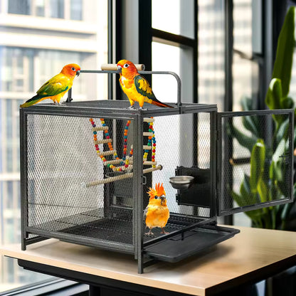 A metal bird cage on a table with three colorful parrots.