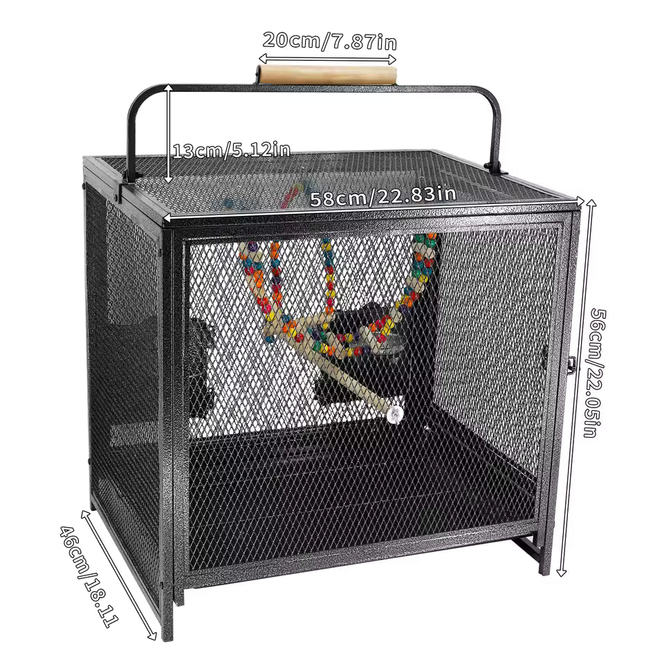 A metal bird cage showing product dimensions, including length, height, and handle measurements.
