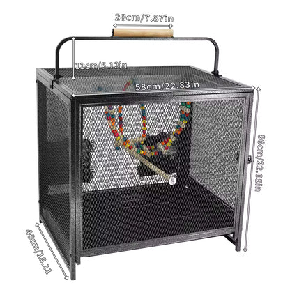 A metal bird cage showing product dimensions, including length, height, and handle measurements.
