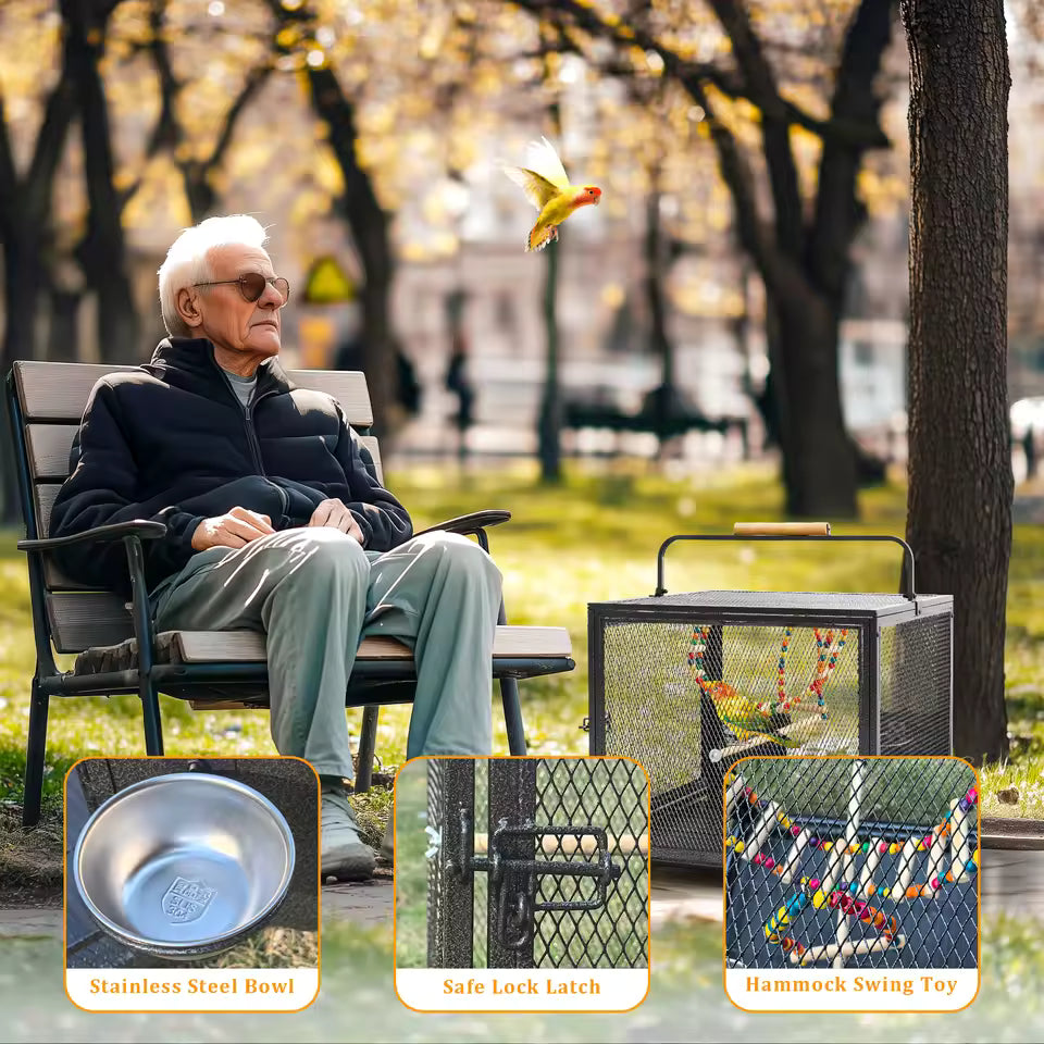 An elderly man on a park bench next to a bird cage, with close-ups of a stainless steel bowl, safe lock latch, and hammock swing toy.