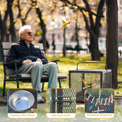 An elderly man on a park bench next to a bird cage, with close-ups of a stainless steel bowl, safe lock latch, and hammock swing toy.