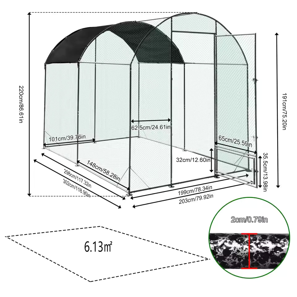 Technical dimension diagram of the large metal chicken coop showing measurements and surface area.