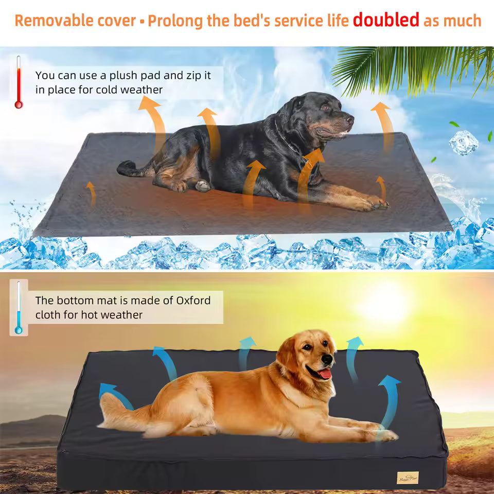 A dog lying on a pet bed with a plush pad for cold weather and an Oxford cloth bottom mat for hot weather.
