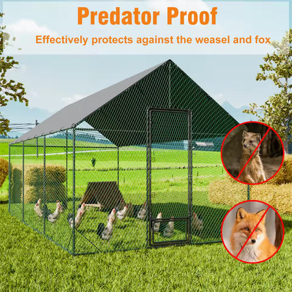Large outdoor chicken coop and metal running cage on a grassy lawn with chickens inside and predator-proofing labels.