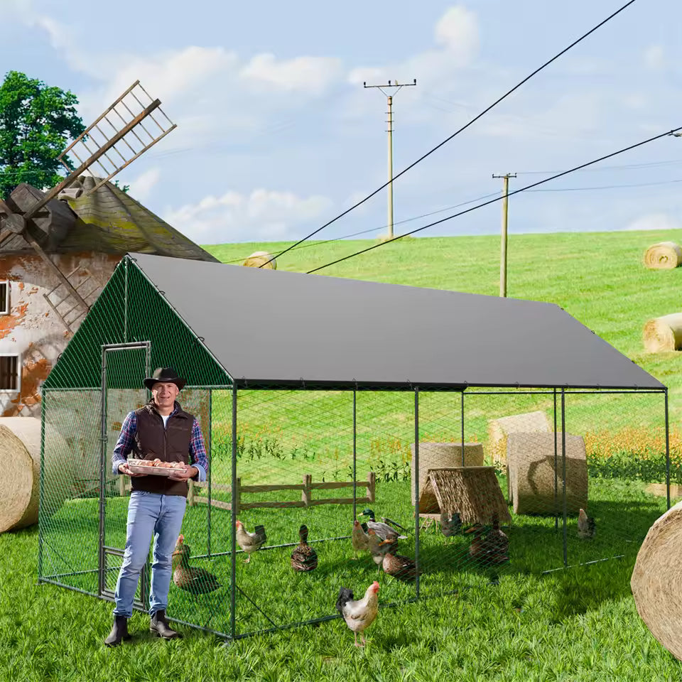 Farmer holding a tray of eggs next to a large outdoor chicken coop with chickens and ducks inside.