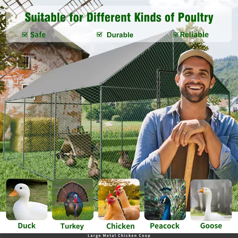 Man smiling next to a large outdoor chicken coop with animals like ducks, a turkey, chickens, a peacock, and a goose shown below.