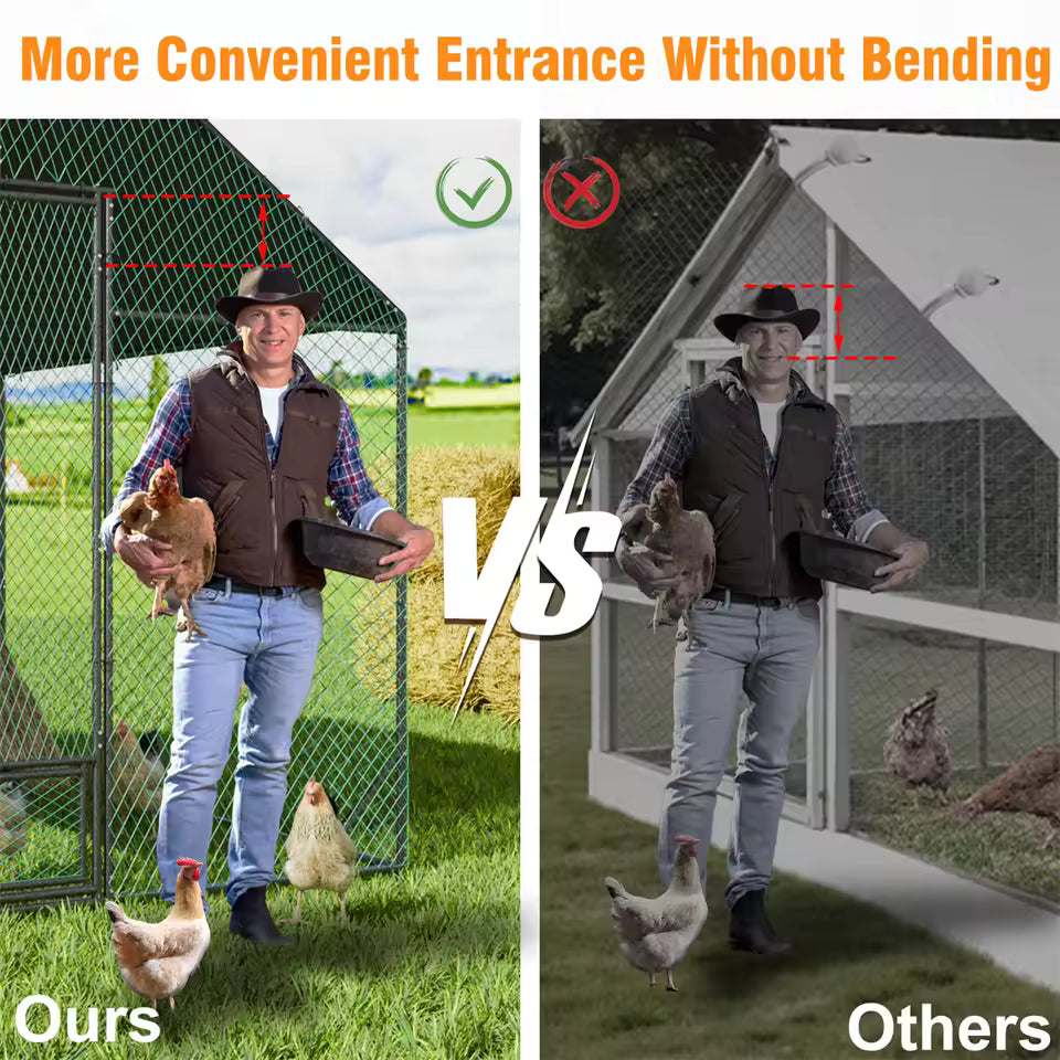 Comparison graphic highlighting a tall, convenient chicken coop entrance versus a shorter one.
