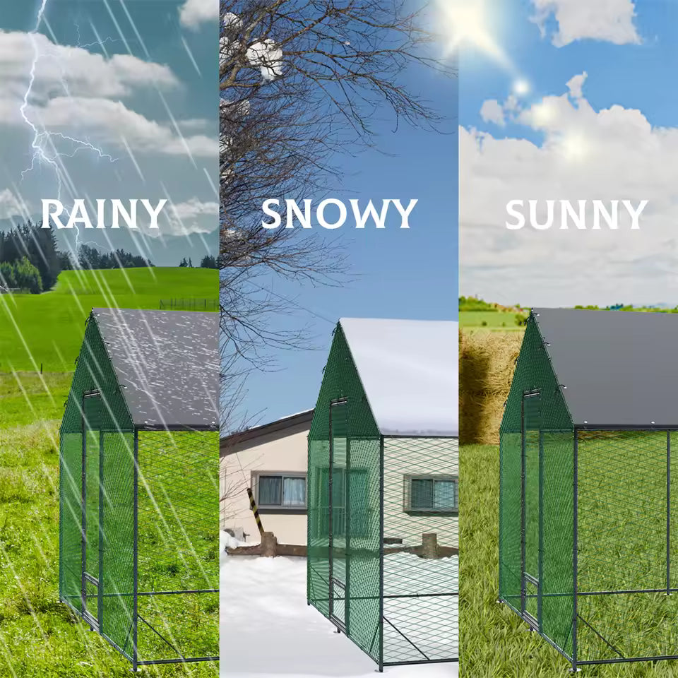 Weather resistance comparison showing the chicken coop under rainy, snowy, and sunny conditions.