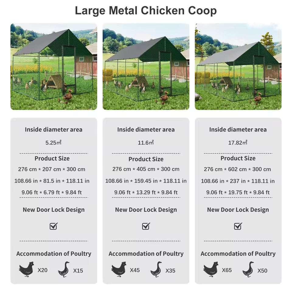 Large metal chicken coop sizing options, interior area, and poultry capacity details.