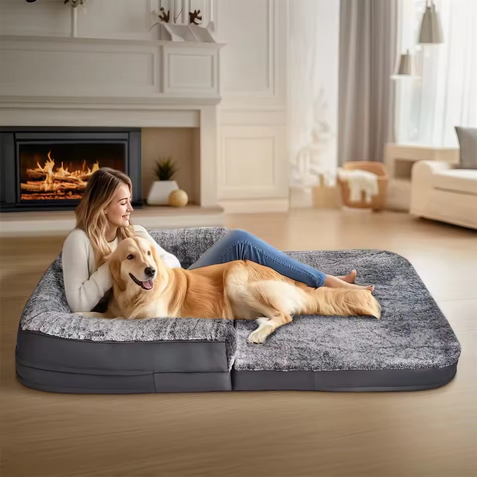 A woman and a golden retriever relax together on a large human-sized gray pet bed in a living room.