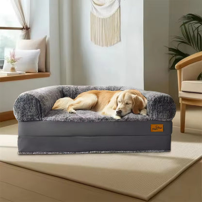 A golden retriever sleeping peacefully on a folded human-sized gray pet bed in a bright living room.