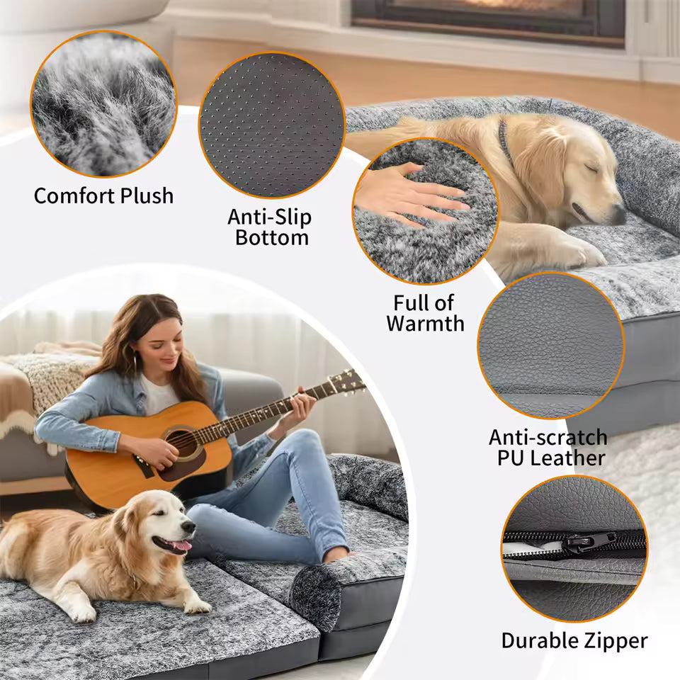 A woman playing guitar next to a golden retriever on a human-sized gray pet bed, highlighting features like comfort plush, anti-slip bottom, anti-scratch PU leather, and durable zipper.