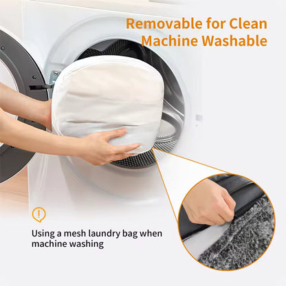 Machine-washable pet bed cover being loaded into a washing machine with a mesh laundry bag.