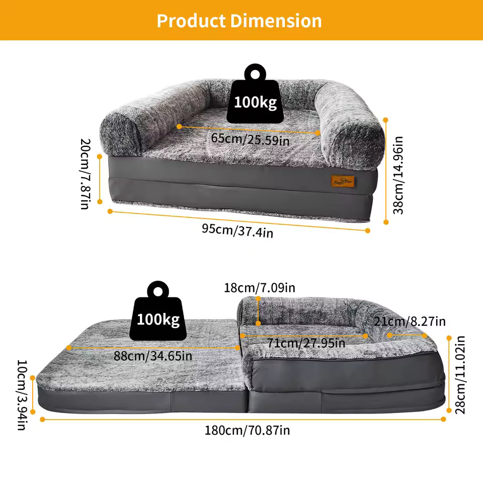 Product dimension diagram showing folded (95x65x38cm) and unfolded (180x88x28cm) layouts of the giant pet bed.