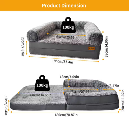 Product dimension diagram showing folded (95x65x38cm) and unfolded (180x88x28cm) layouts of the giant pet bed.