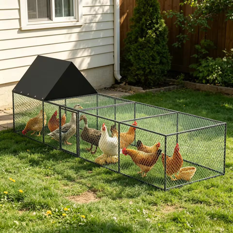 A long metal wire chicken coop with a black roof and a group of chickens and ducks inside on a lawn.
