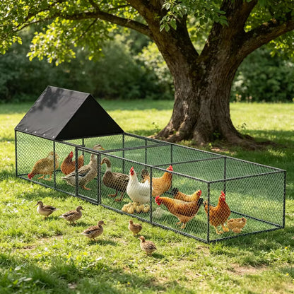 A long metal wire chicken coop with a black roof under a large tree on a grassy lawn with chickens and ducks.