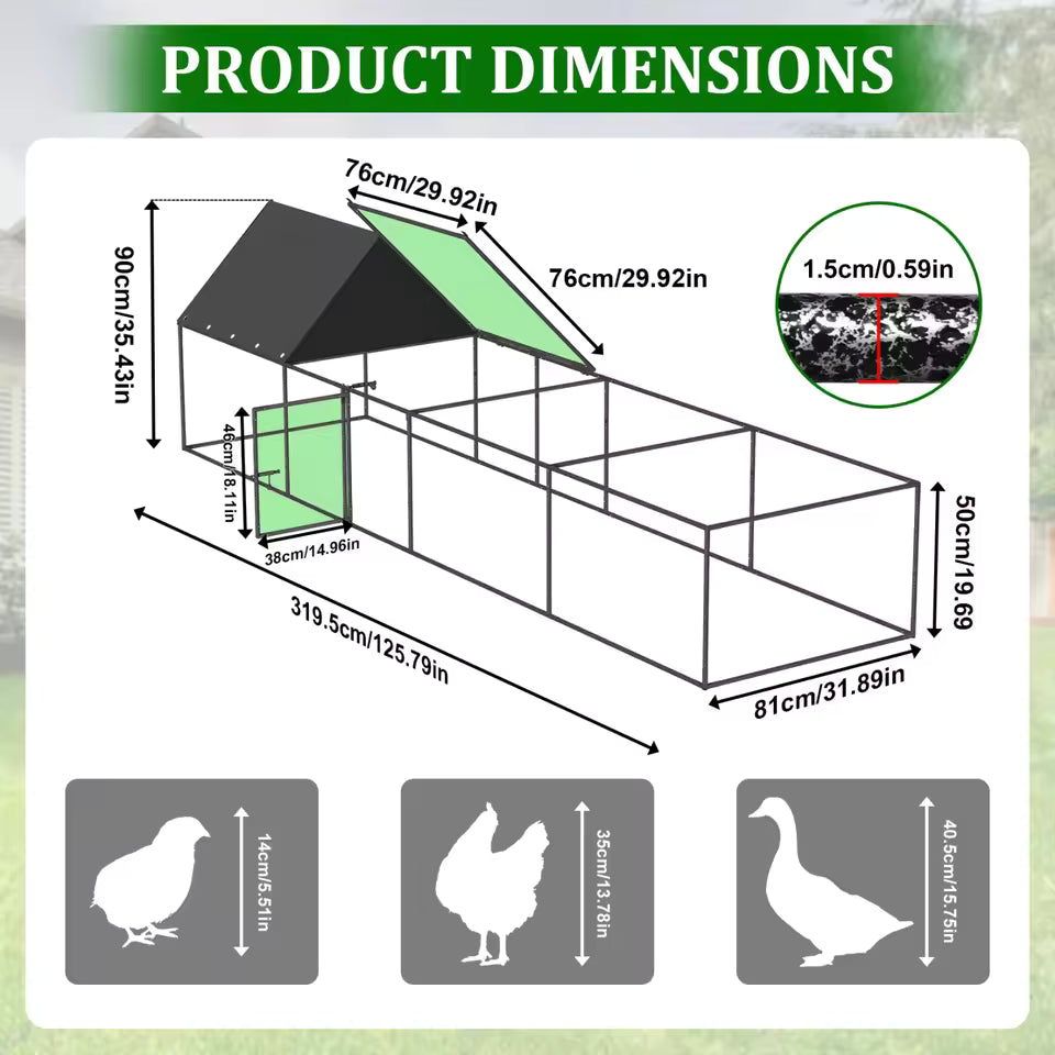 A product dimensions diagram of the metal chicken coop showing a length of 319.5cm/125.79in and a height of 90cm/35.43in.