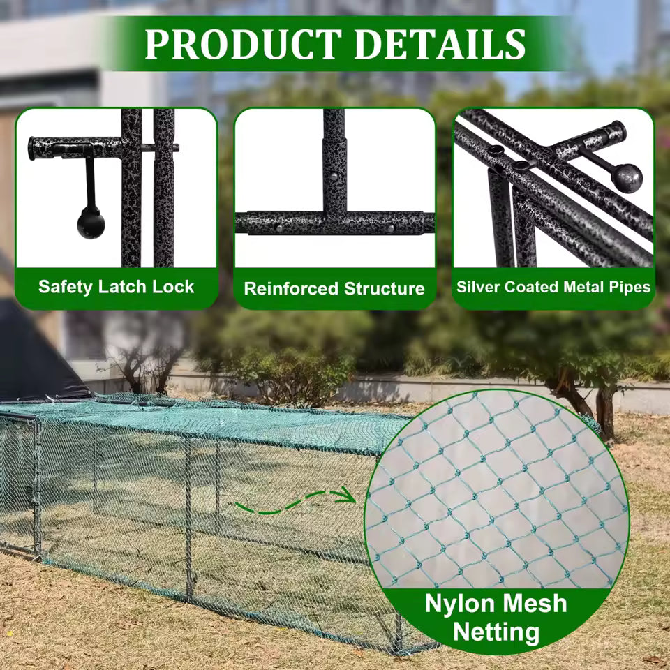 A product details graphic of the chicken coop showcasing the safety latch lock, reinforced structure, silver-coated metal pipes, and nylon mesh netting.