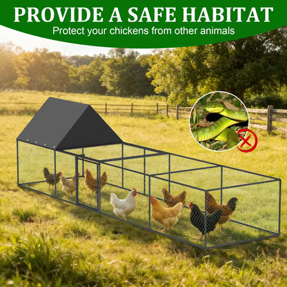 A promotional graphic showing the chicken coop providing a safe habitat and protecting chickens from predators like a snake.