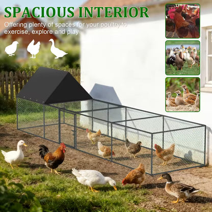 Metal chicken coop with a black roof and a spacious interior for poultry to exercise and play.