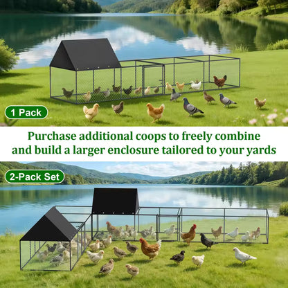 A promotional image demonstrating how to purchase additional coops to freely combine and build a larger enclosure.