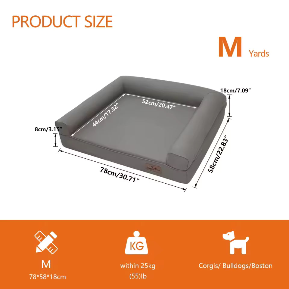 Grey medium dog bed with dimensions, supporting pets up to 25kg, suitable for Corgis and Bulldogs.