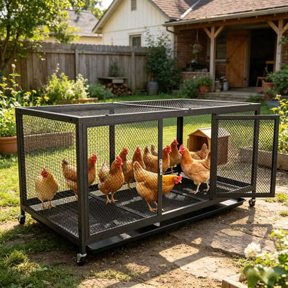 Metal chicken coop with wheels on a backyard lawn, featuring chickens inside and an open door.