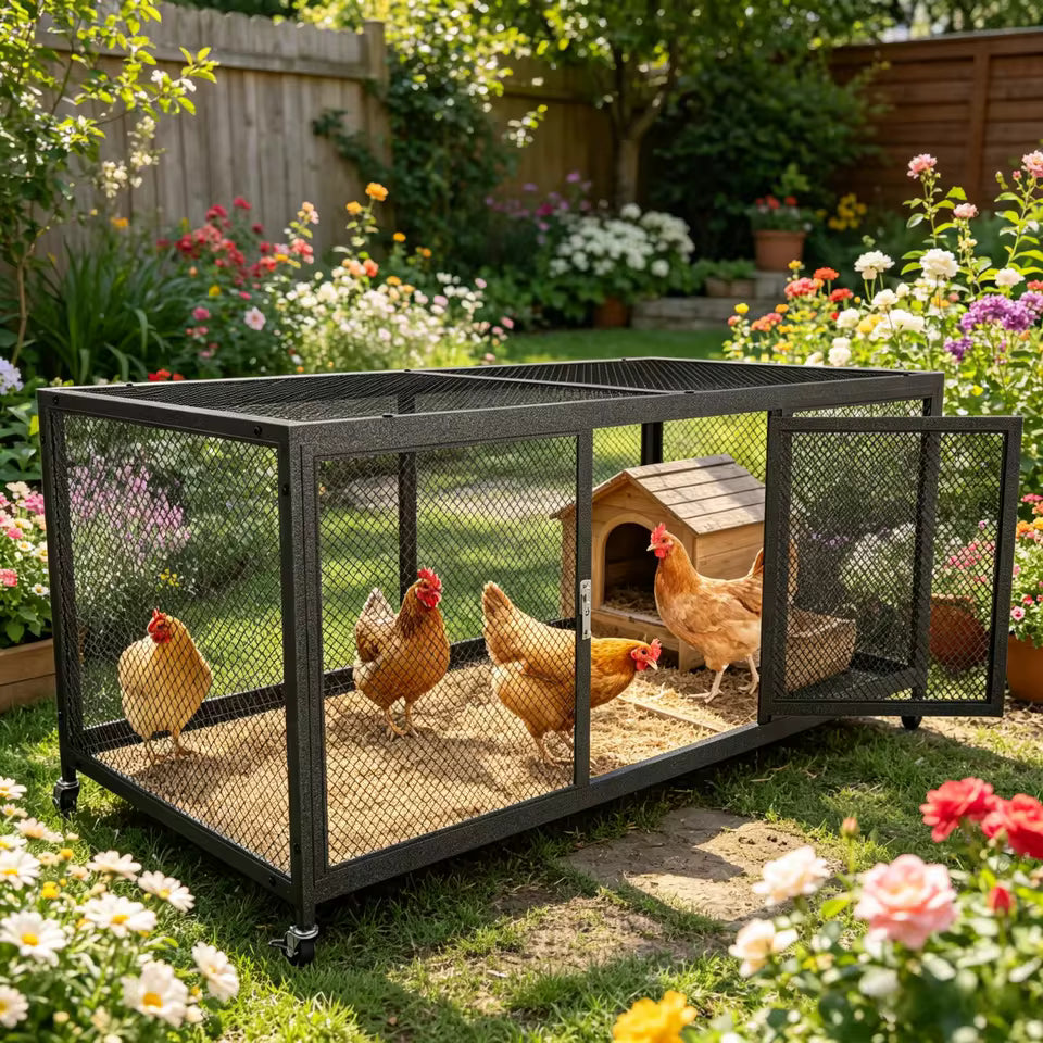 Metal chicken coop with wheels and chickens inside, set in a vibrant backyard garden with blooming flowers.