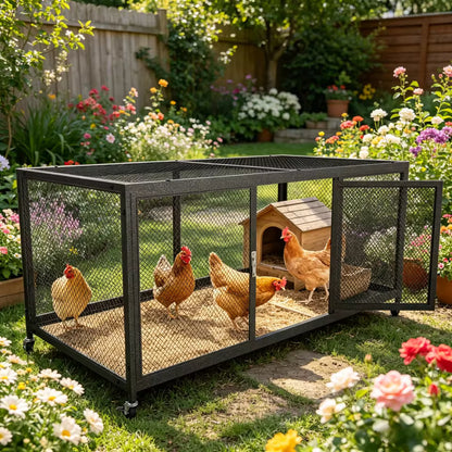 Metal chicken coop with wheels and chickens inside, set in a vibrant backyard garden with blooming flowers.