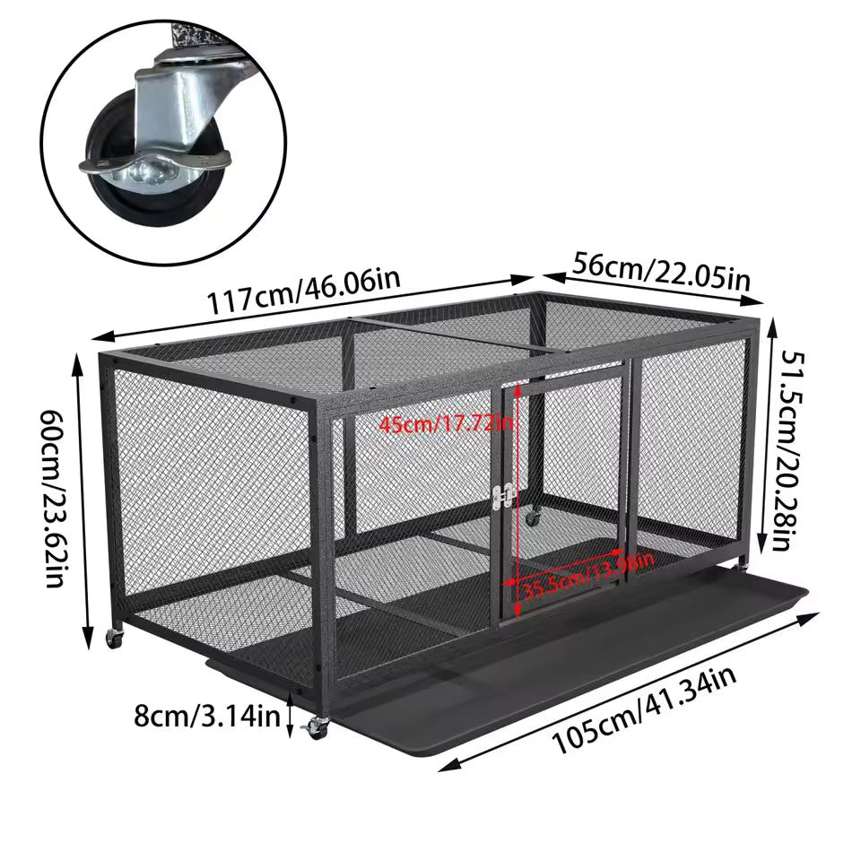 Technical diagram detailing the dimensions of the metal chicken coop with wheels, including length, width, height, and pull-out tray measurements.