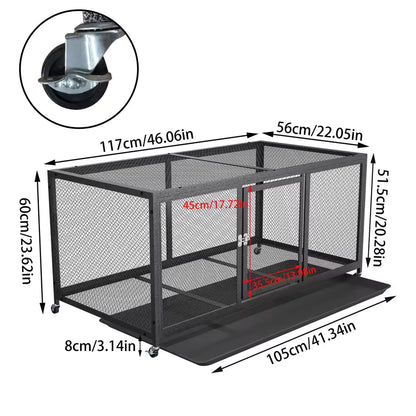 Technical diagram detailing the dimensions of the metal chicken coop with wheels, including length, width, height, and pull-out tray measurements.