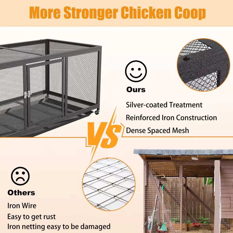 Comparison graphic highlighting the strength of the metal chicken coop with reinforced iron construction, silver-coated treatment, and dense mesh versus weaker alternatives.