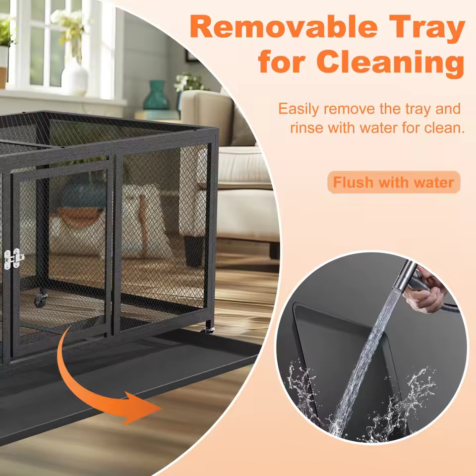 Instructional graphic demonstrating the removable tray of the metal enclosure being slid out and rinsed with water for easy cleaning.