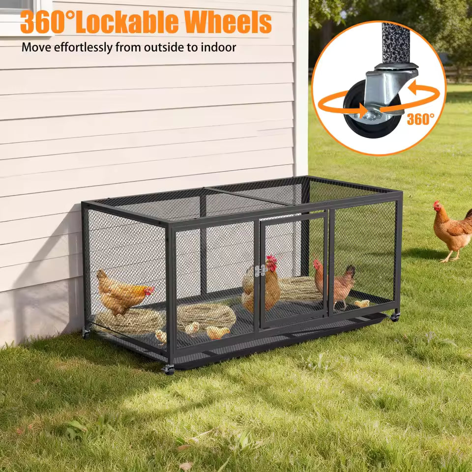 Metal chicken coop with 360-degree lockable wheels on a lawn next to a house, featuring chickens inside and outside.