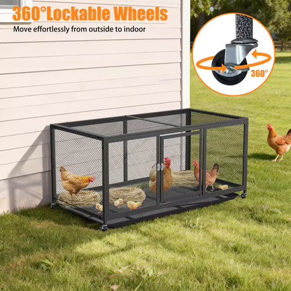 Metal chicken coop with 360-degree lockable wheels on a lawn next to a house, featuring chickens inside and outside.