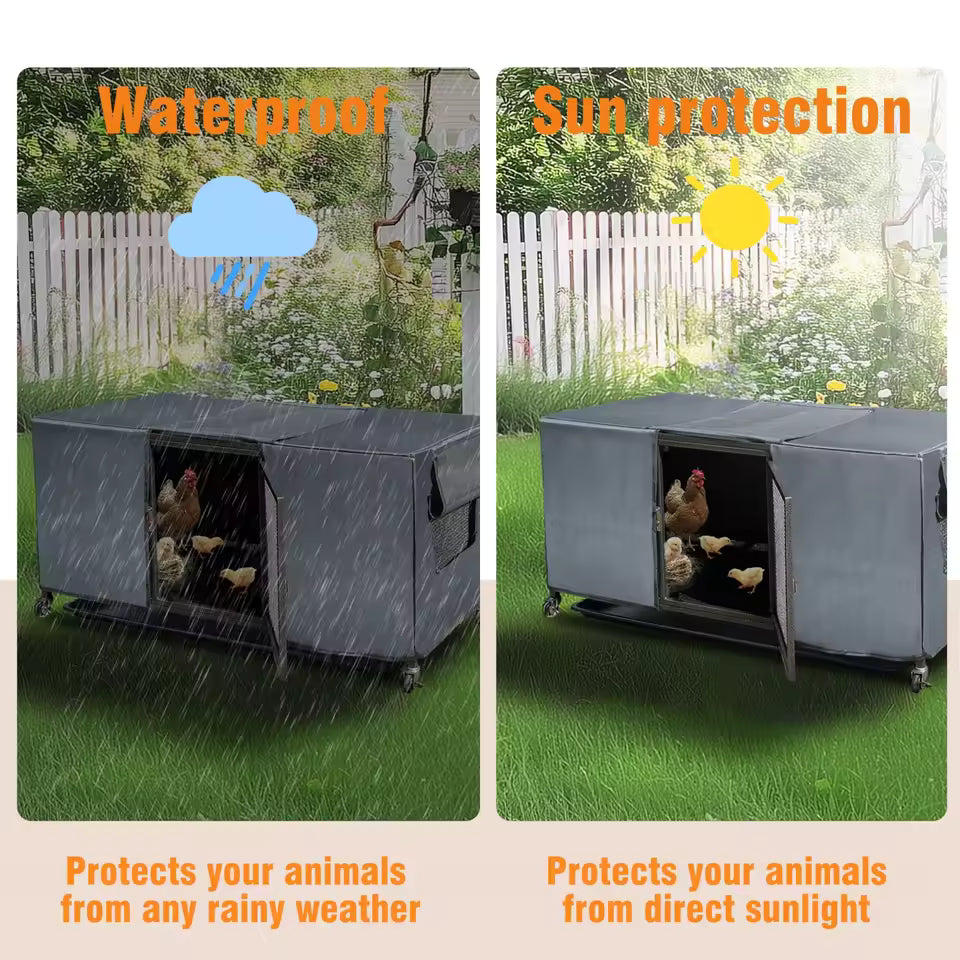 Weather protection comparison graphic showing the covered metal chicken coop providing waterproof shelter against rain and sun protection against direct sunlight.