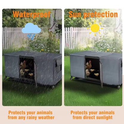 Weather protection comparison graphic showing the covered metal chicken coop providing waterproof shelter against rain and sun protection against direct sunlight.