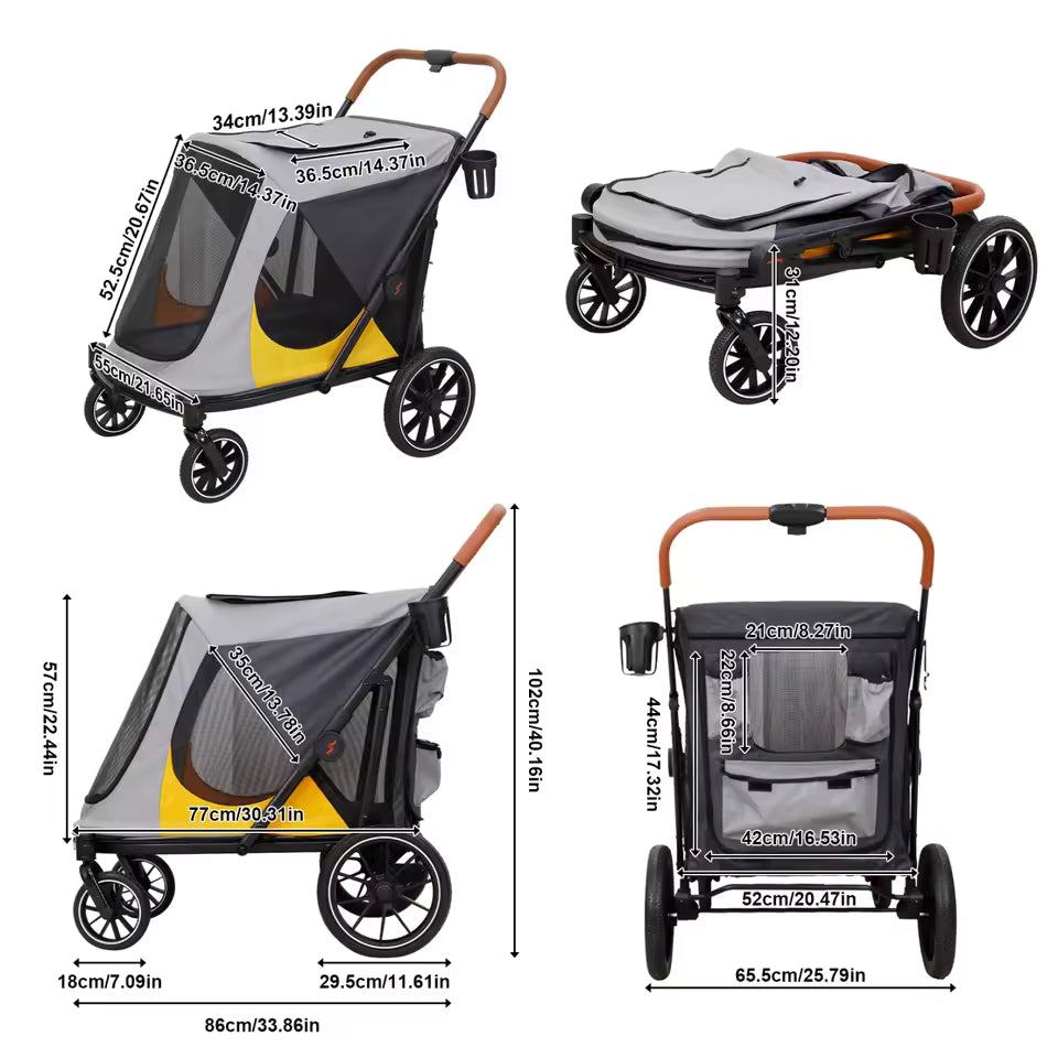 Diagram showing dimensions of a grey and yellow pet stroller from multiple angles with metric and imperial measurements.