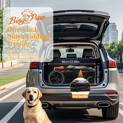 Folded BingoPaw dog stroller stored in a car trunk with a dog sitting nearby.