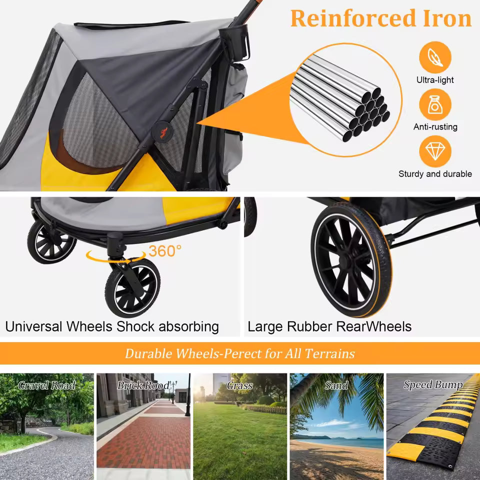 Reinforced iron frame, 360-degree shock-absorbing wheels, and large rubber rear wheels for all terrains.