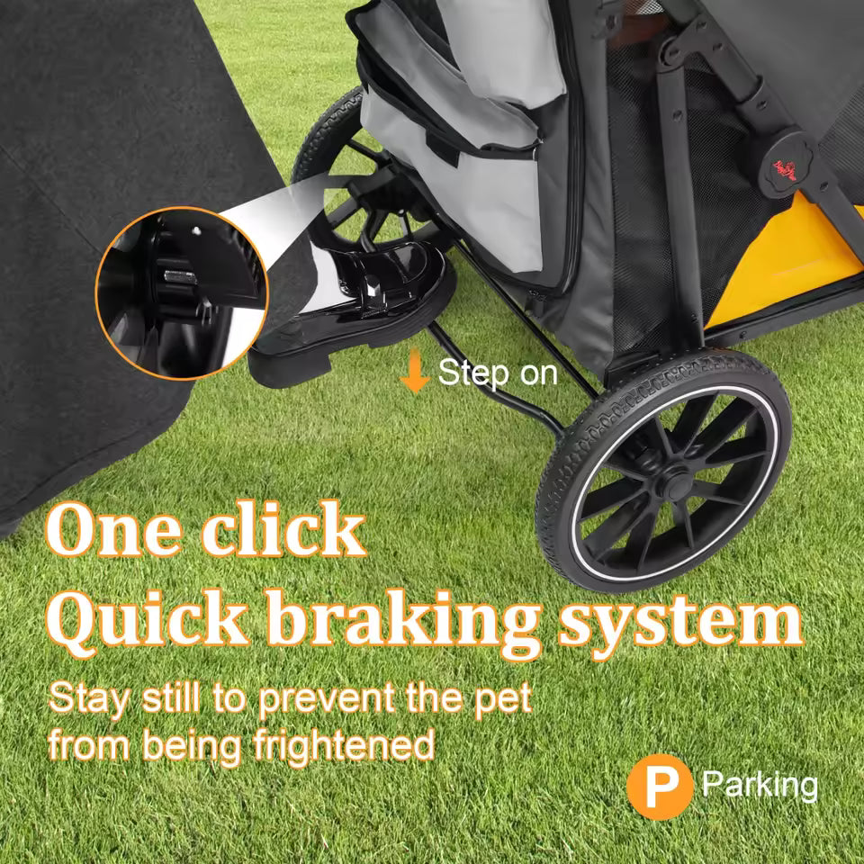 Foot-activated parking brake on a pet stroller for quick braking and secure stopping.