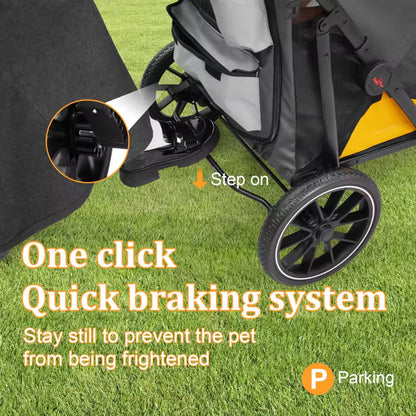 Foot-activated parking brake on a pet stroller for quick braking and secure stopping.